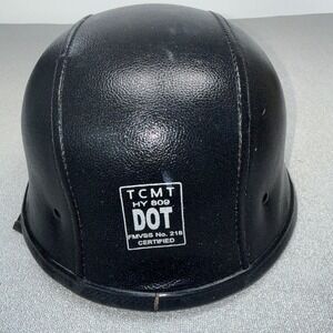 BLACK LEATHER COVERED MOTORCYCLE HALF HELMET - Dot Fiber Glass Size XL